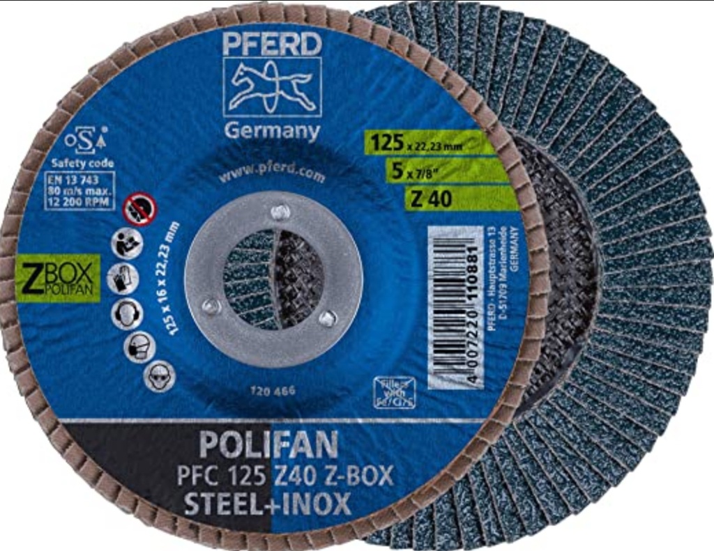 Disque à lamelles POLIFAN incliné PFC Zircon Start Steelox PFERD box 125 mm P40 (Promo)