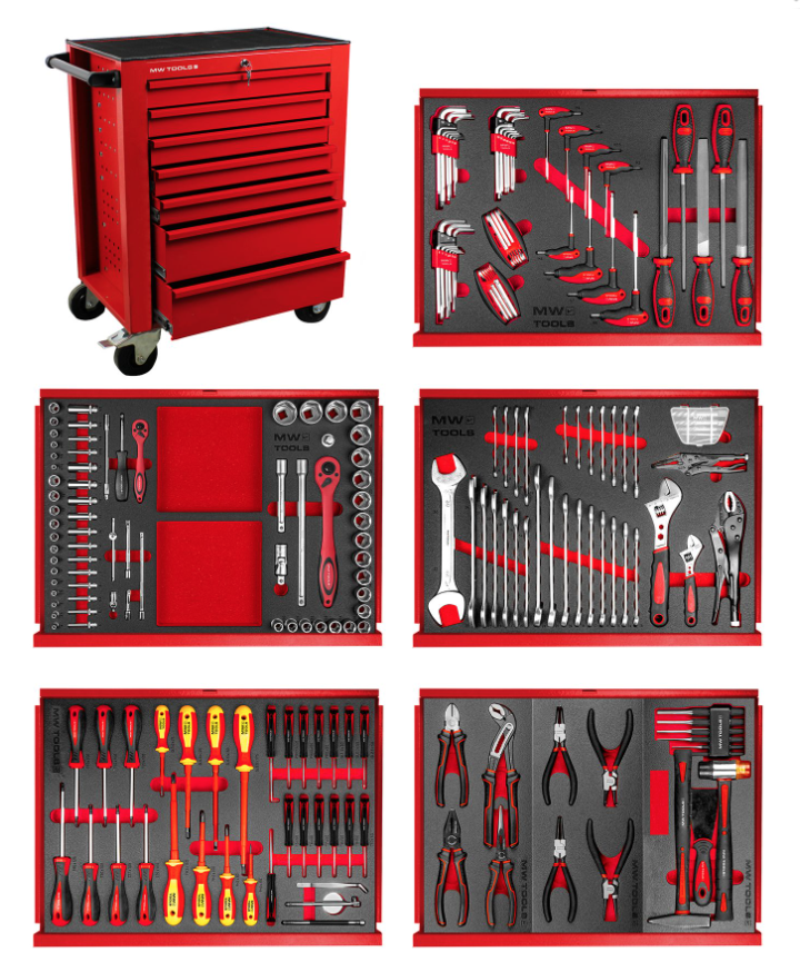 Servante d'atelier complète rouge STARTER MW TOOLS (212 outils)