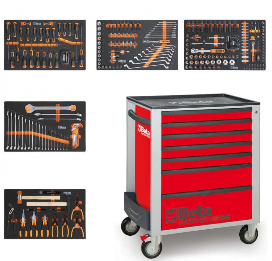 Servante mobile rouge à 7 tiroirs remplis BW 2400S R7/E-M BETA (309 outils)