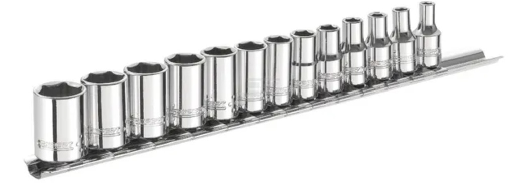 Composition de 13 douilles 1/4" 6 pans sur rail (4 - 4,5 - 5 - 6 - 7 - 8 - 9 - 10 - 11 - 12 - 13 - 14 mm)