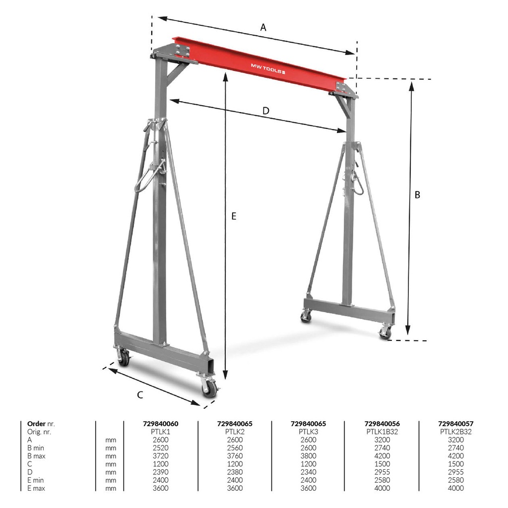 Grue portique mobile large et haute 2T PTKL2B32 MW TOOLS