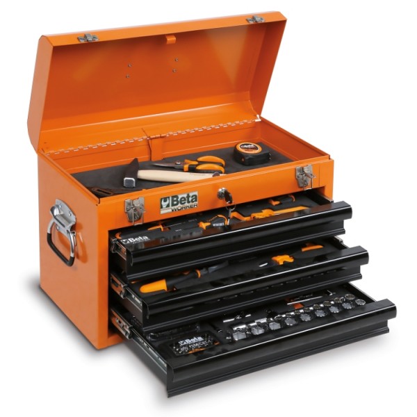 Caisse métallique d'outils orange/noire à 3 tiroirs pour la maintenance générale BW 2120L-E/T91 BETA (159 outils) (PROMO)