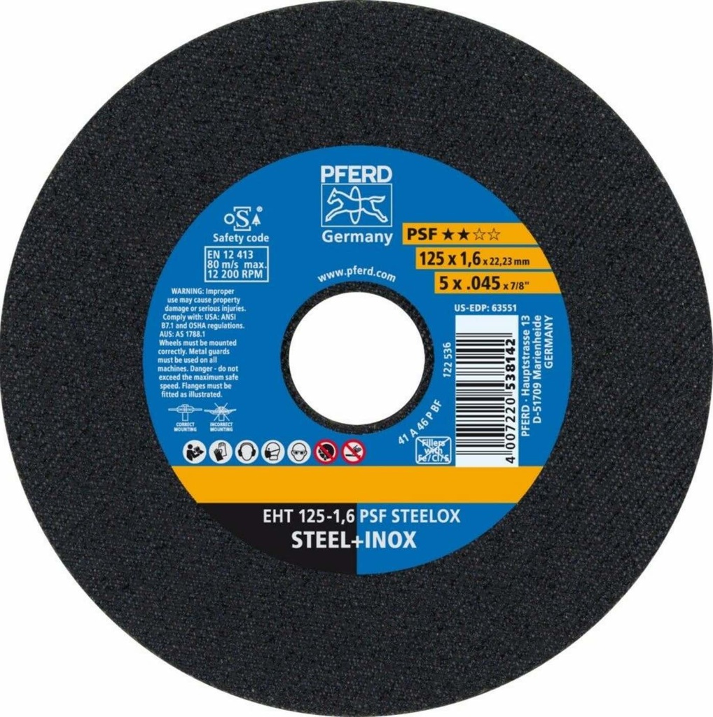 Disque à tronçonner déporté EH gamme universelle PSF STEELOX PFERD 100 X 2,4 X 16 mm