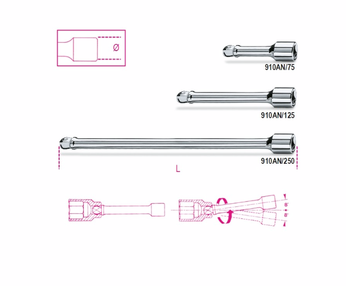 Allonge angulaire carré 3/8’ Mâle et Femelle 910 AN/75