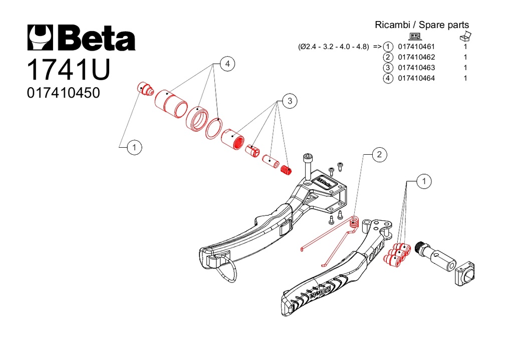 [017410461] Jeu de 4 embouts pour pince à riveter 1741 BETA (2,4 - 3,2 - 4 - 4,8)